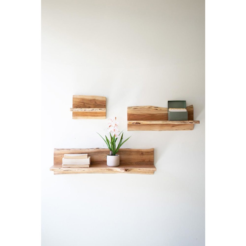 Set Of Three Live-Edge Acacia Wood Floating Shelves. Picture 2
