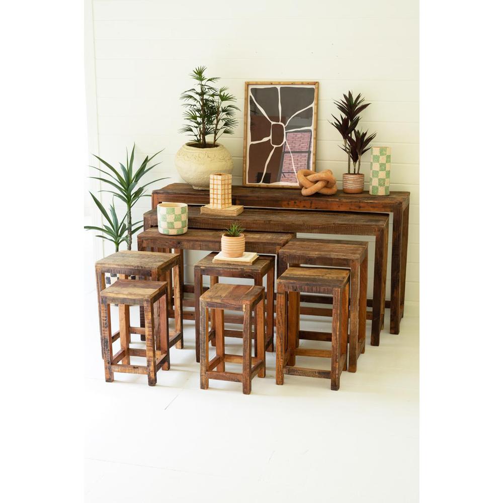 Set Of Nine Recycled Wood Display Tables. Picture 1