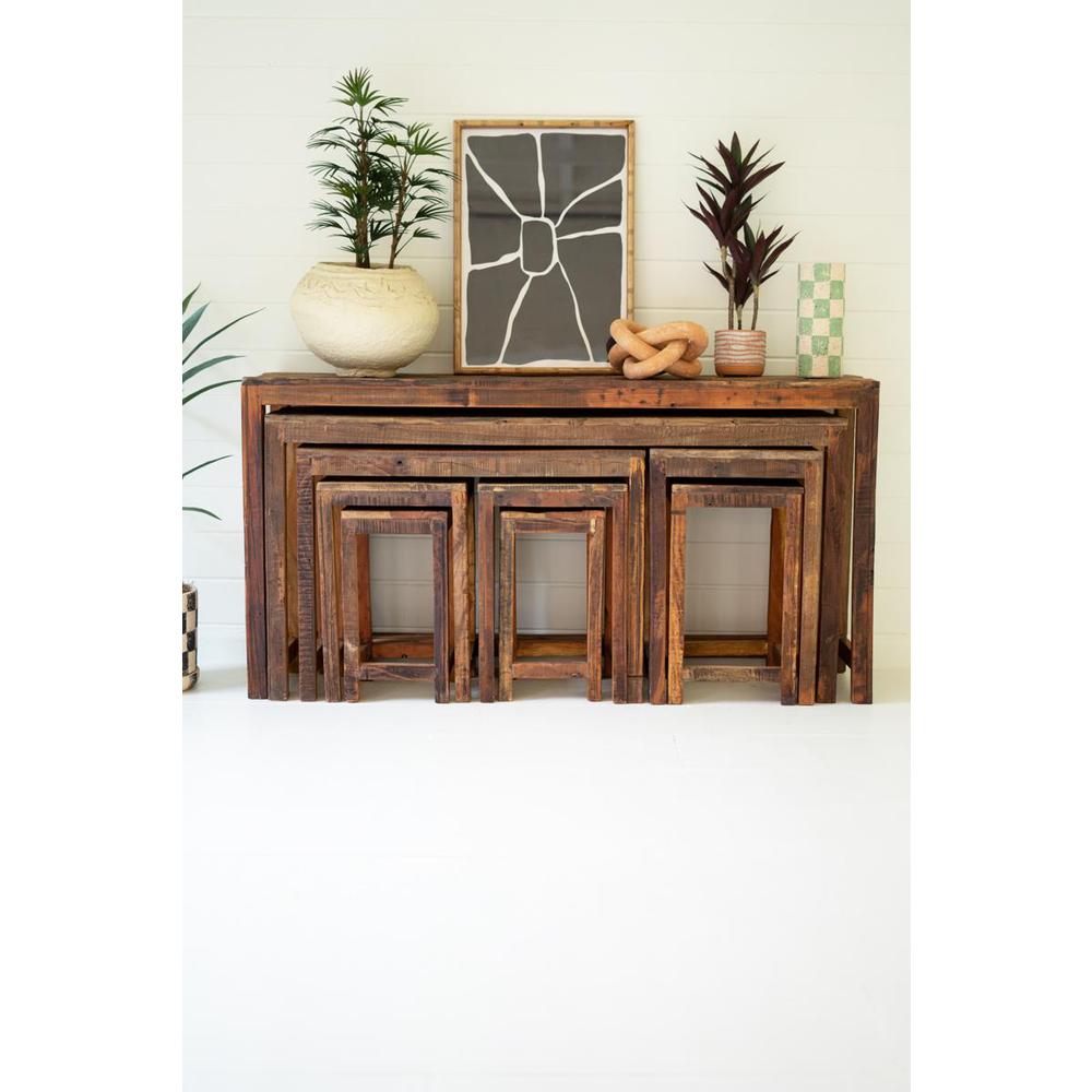 Set Of Nine Recycled Wood Display Tables. Picture 6