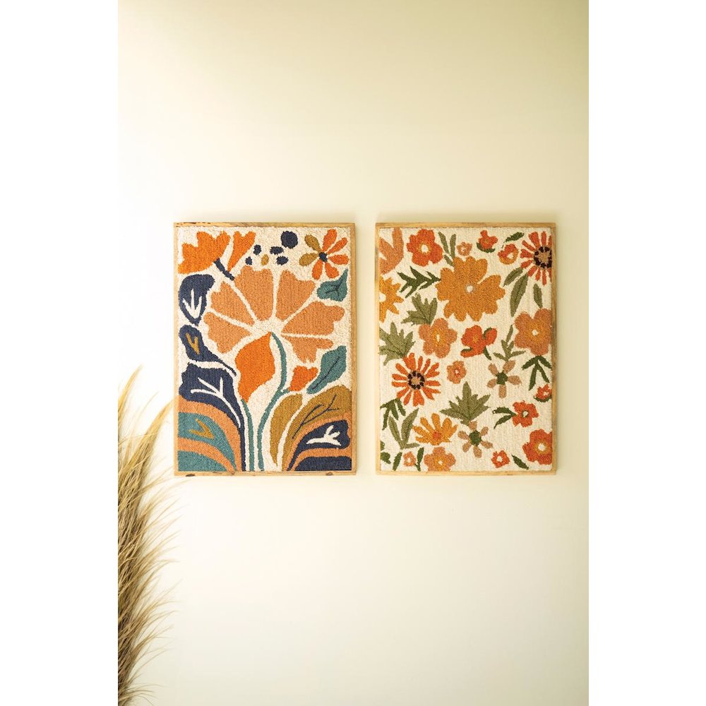 Set Of Two Wood Framed Hand Hooked Wall Art - Florals. Picture 1