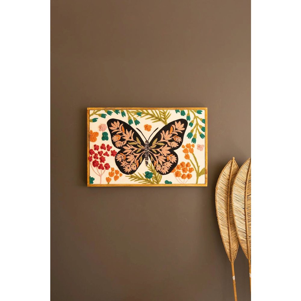 Framed Hand-Hooked Art With Butterfly And Flowers. Picture 1