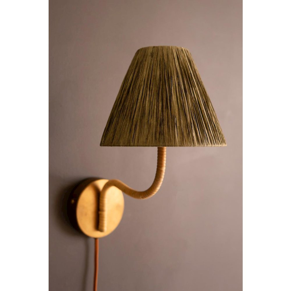 Rattan-Wrapped Wall Light With Raffia Shade. Picture 1