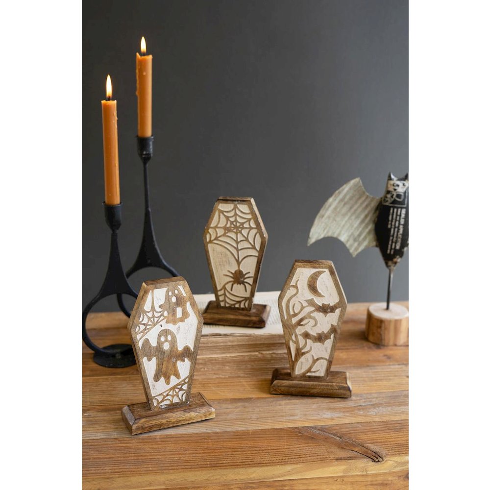Set Of Three Carved Wooden Halloween Coffin Scenes. Picture 1