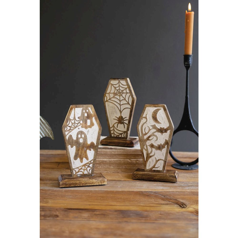 Set Of Three Carved Wooden Halloween Coffin Scenes. Picture 2