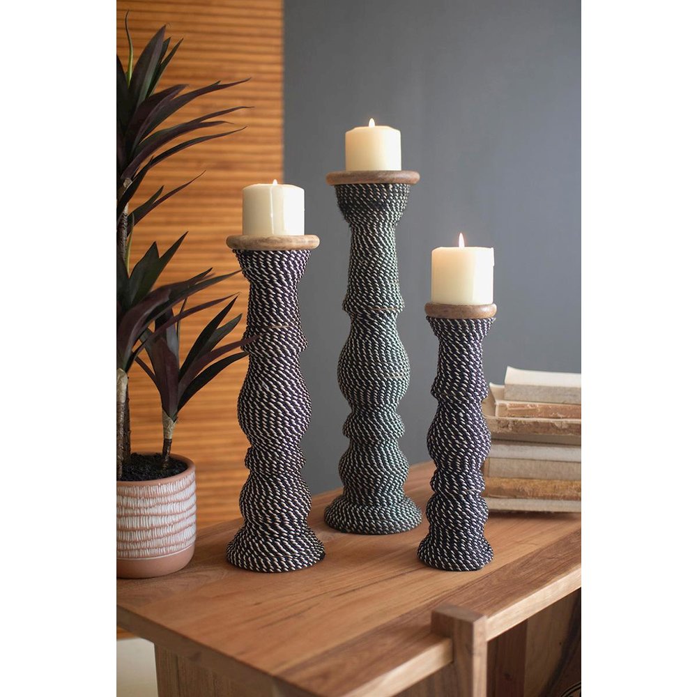 Set 3 Wooden Candle Holders With Black & White String. Picture 1