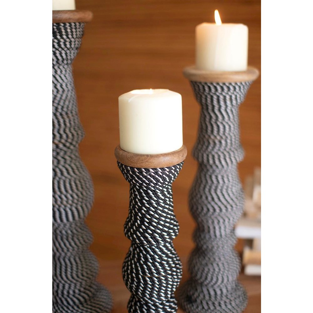 Set 3 Wooden Candle Holders With Black & White String. Picture 2