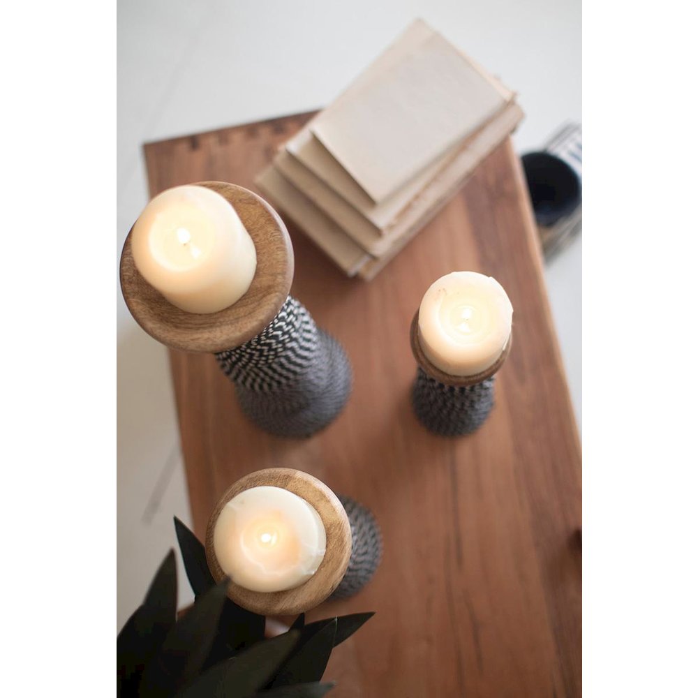 Set 3 Wooden Candle Holders With Black & White String. Picture 3