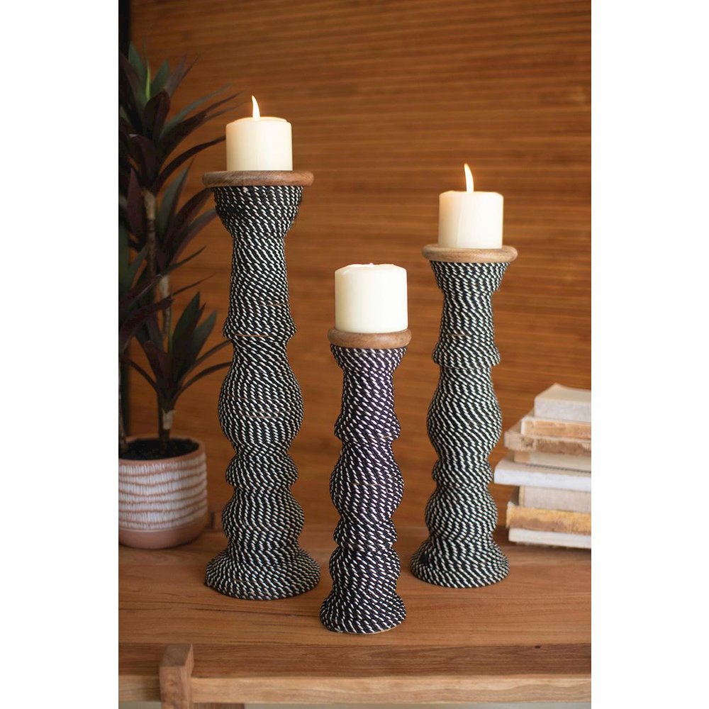 Set 3 Wooden Candle Holders With Black & White String. Picture 5