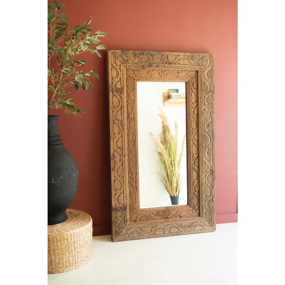 Hand Carved Recycled Wood Framed Mirror. Picture 1