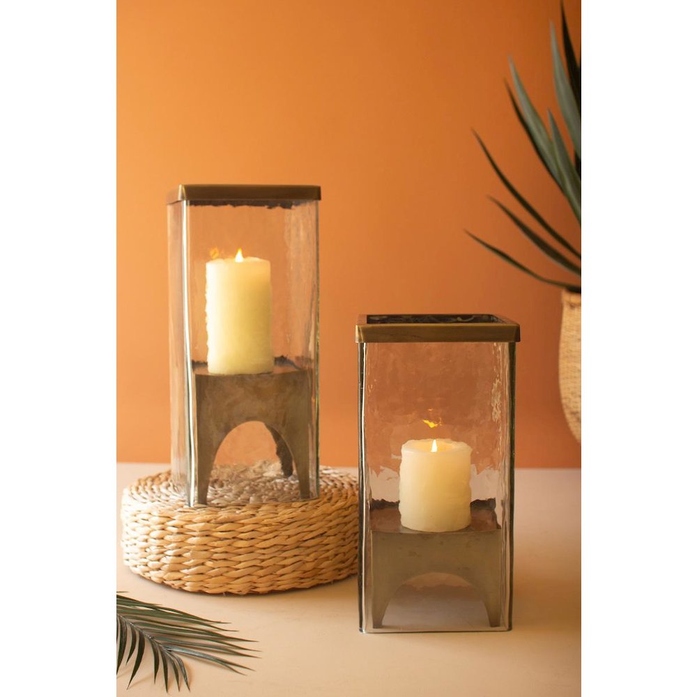 Set Of Two Square Glass Hurricanes With Antique Brass Bases. Picture 1