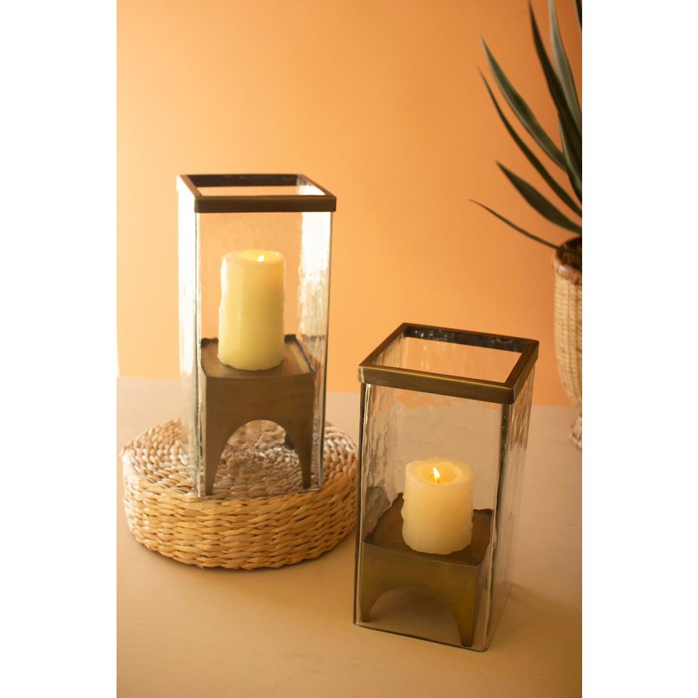 Set Of Two Square Glass Hurricanes With Antique Brass Bases. Picture 2