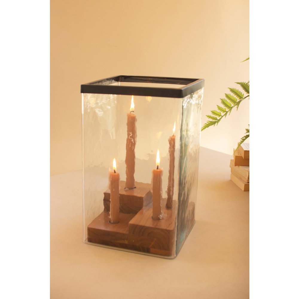 Large Glass Hurricane With Four Taper Holder Wood Base. Picture 1
