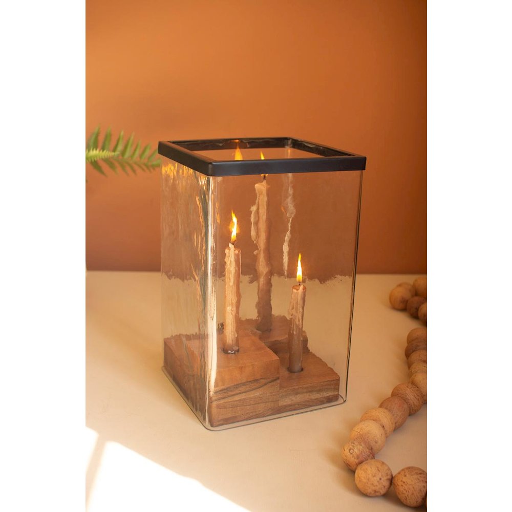 Large Glass Hurricane With Four Taper Holder Wood Base. Picture 2