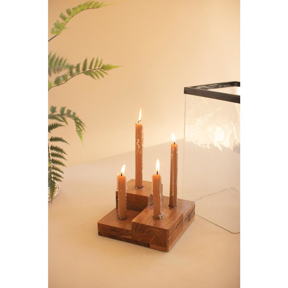 Large Glass Hurricane With Four Taper Holder Wood Base. Picture 3