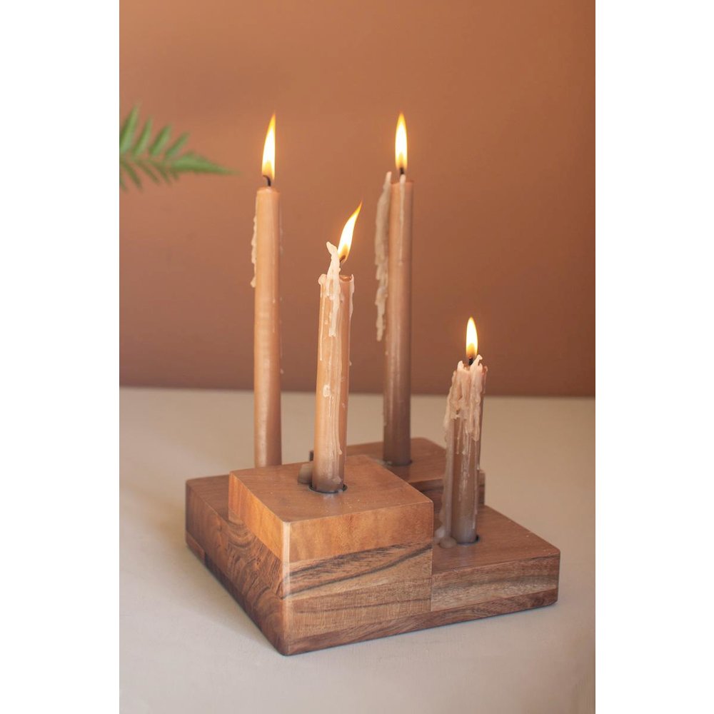 Large Glass Hurricane With Four Taper Holder Wood Base. Picture 5