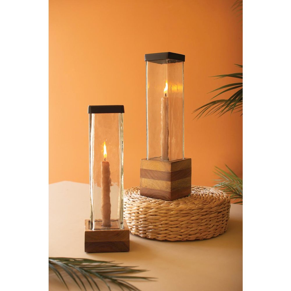 Set Of Two Square Glass And Wood Taper Candle Holders. Picture 1