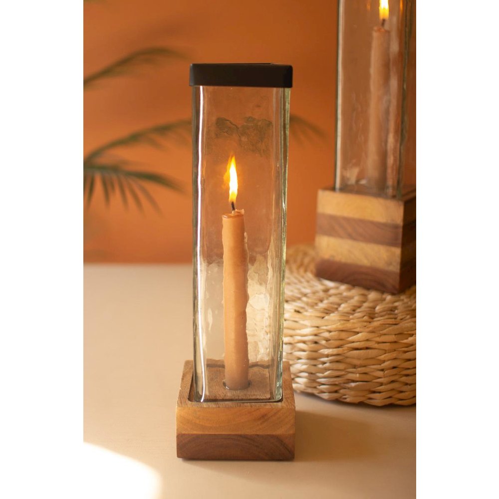 Set Of Two Square Glass And Wood Taper Candle Holders. Picture 2