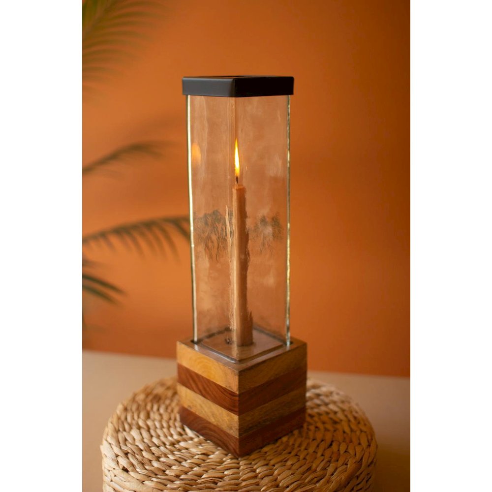 Set Of Two Square Glass And Wood Taper Candle Holders. Picture 3