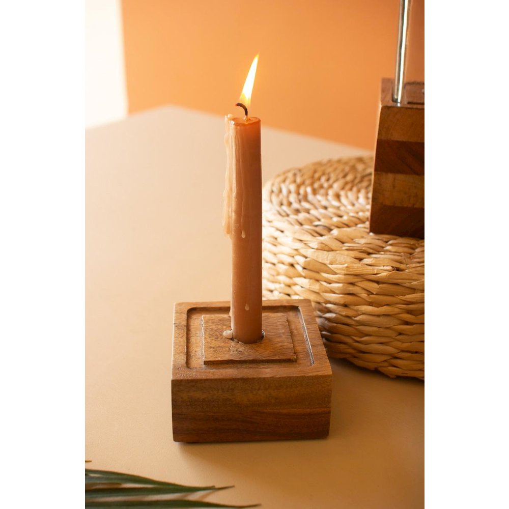 Set Of Two Square Glass And Wood Taper Candle Holders. Picture 4