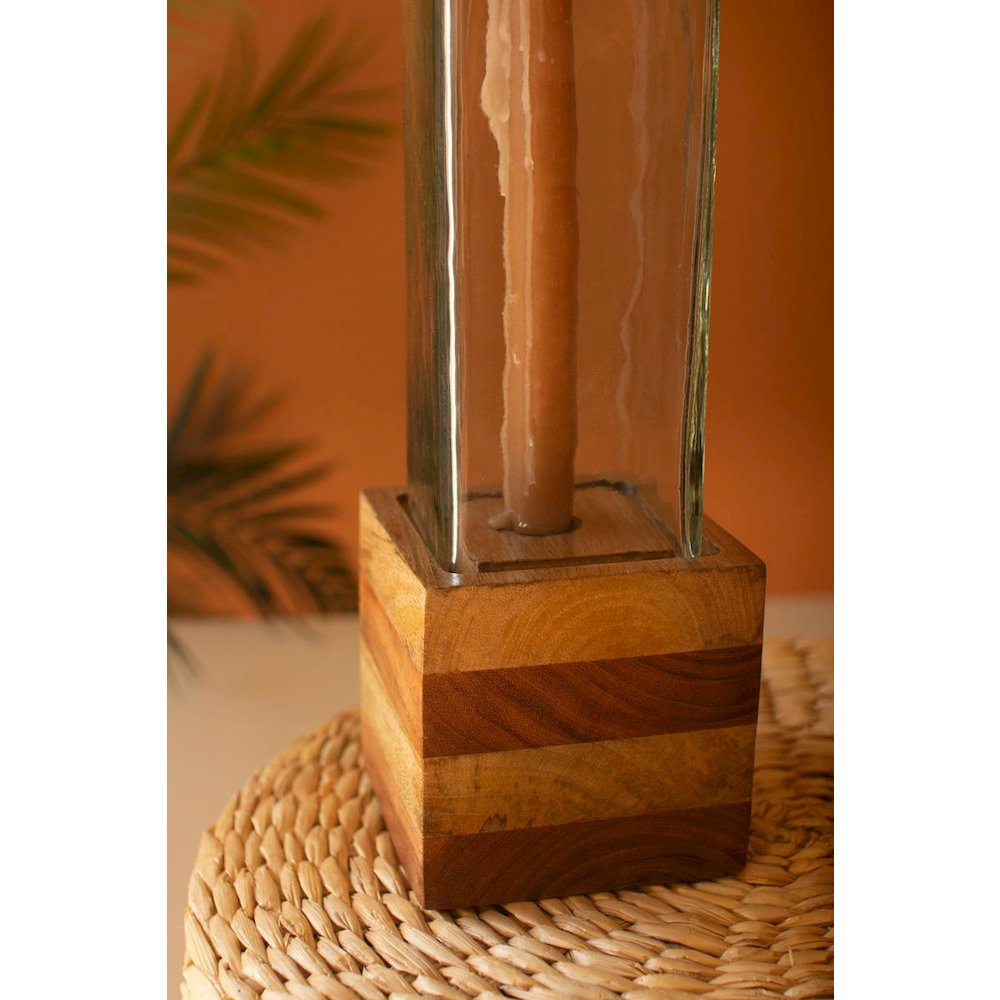 Set Of Two Square Glass And Wood Taper Candle Holders. Picture 5