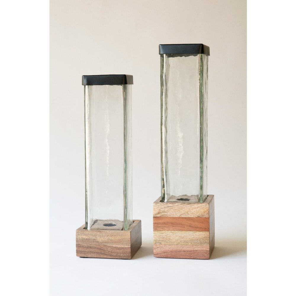 Set Of Two Square Glass And Wood Taper Candle Holders. Picture 6