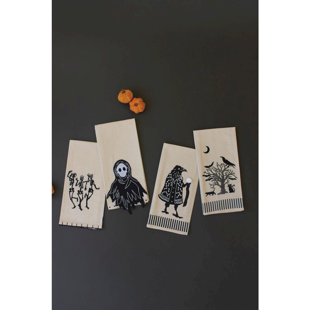 Set Of Four Black Halloween Tea Towels. Picture 1