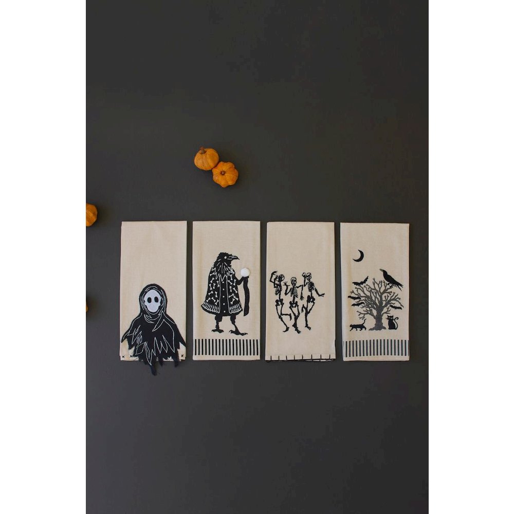 Set Of Four Black Halloween Tea Towels. Picture 4
