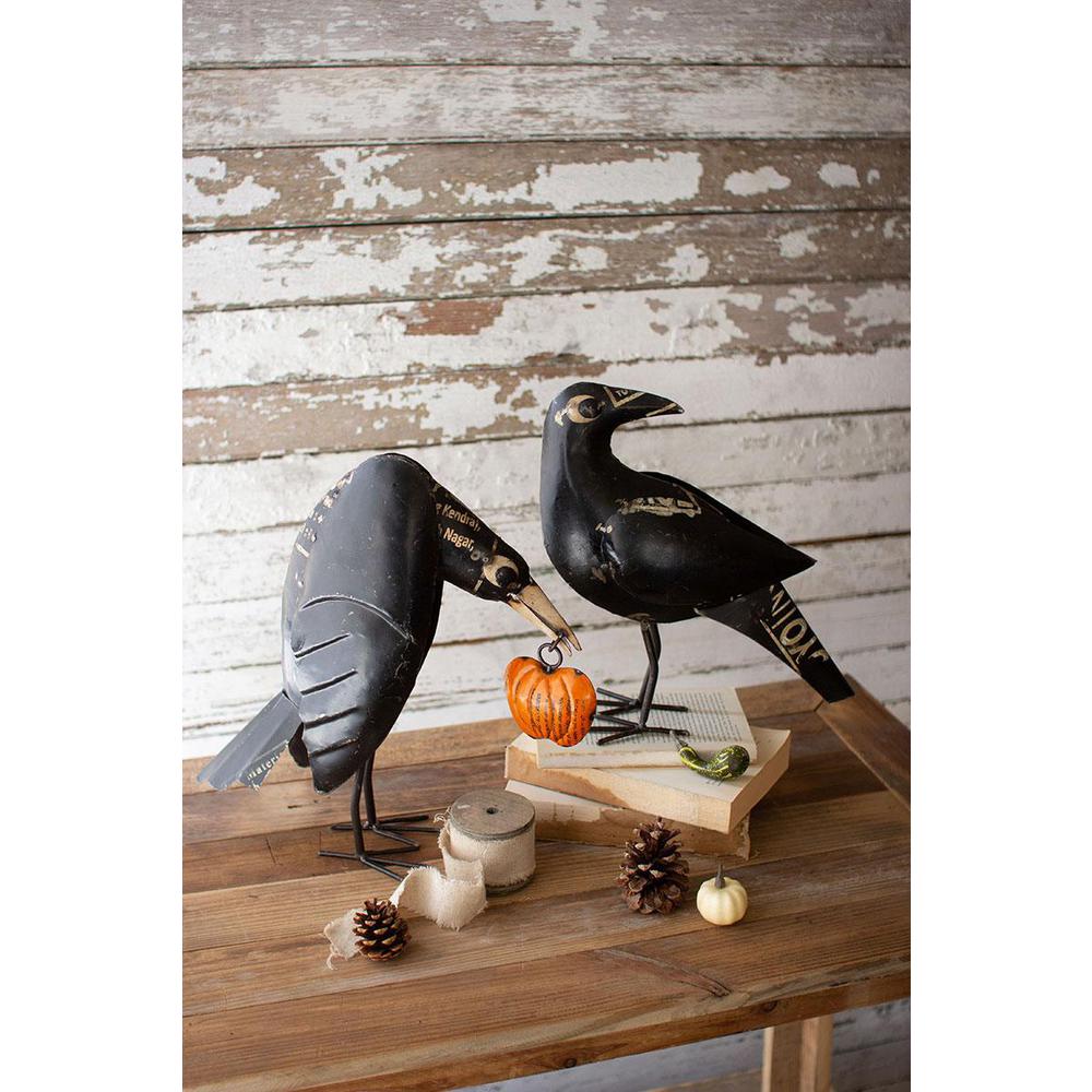 Set Of Two Recycled Iron Crows Holding A Pumpkin. Picture 3