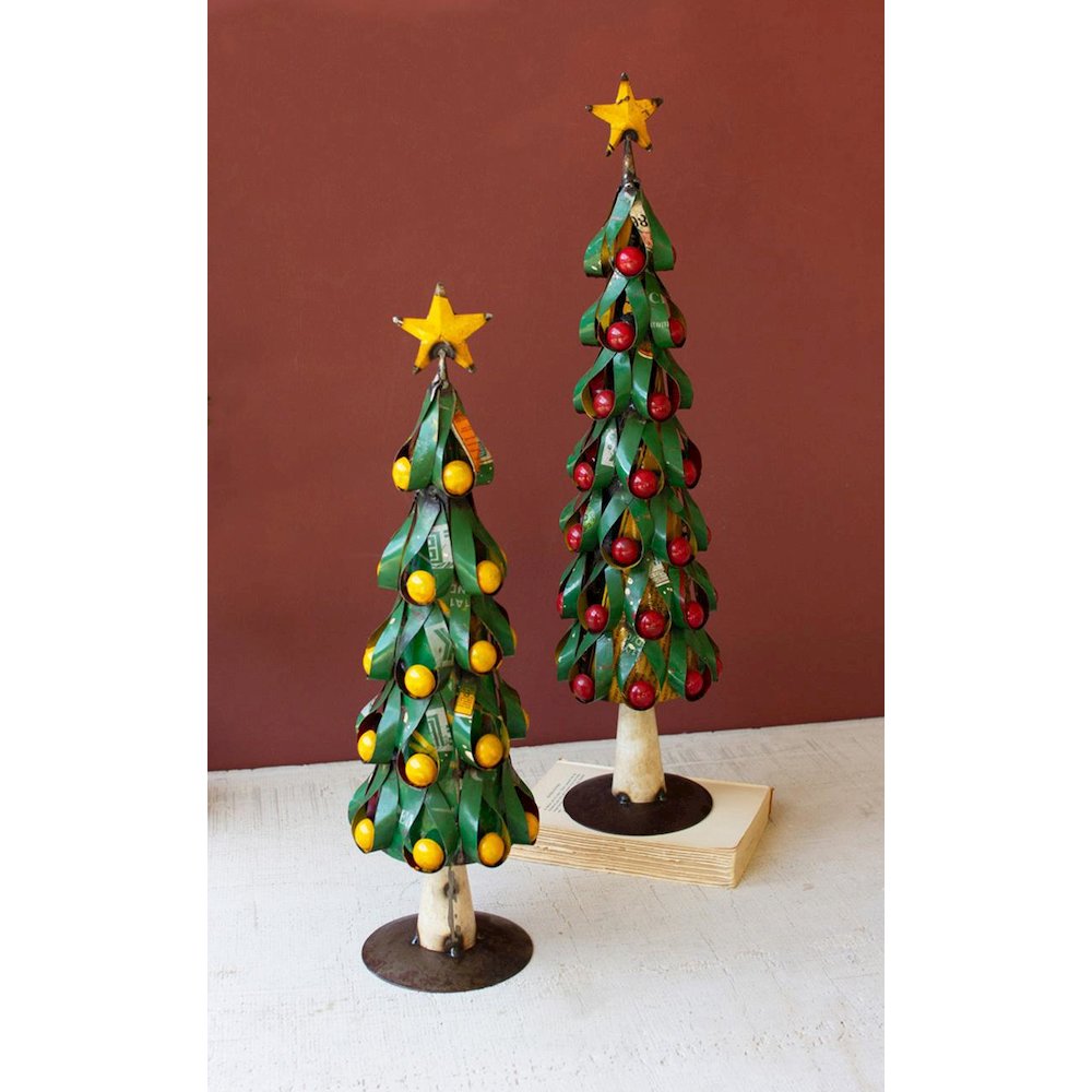Set Of Two Recycled Metal Christmas Trees W Apples & Lemons. Picture 1