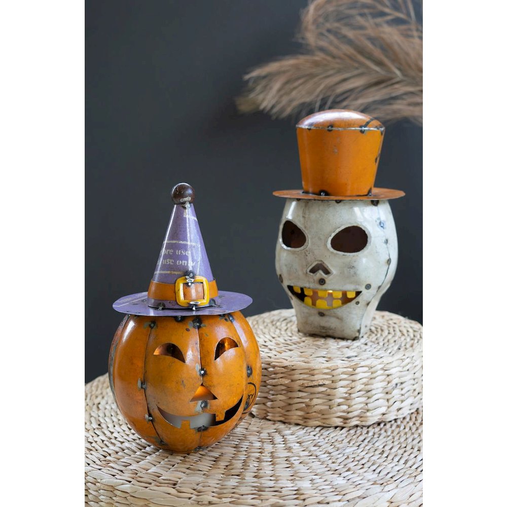 Set Of Two Recycled Iron Halloween Pumpkin & Skull Lanterns With Hats. Picture 1