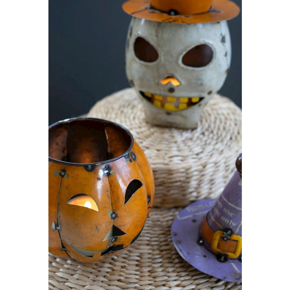 Set Of Two Recycled Iron Halloween Pumpkin & Skull Lanterns With Hats. Picture 2