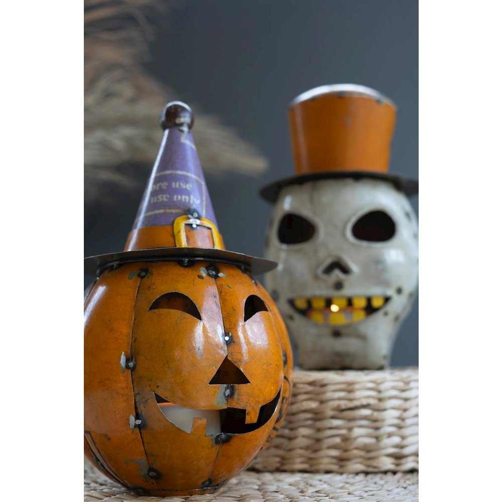 Set Of Two Recycled Iron Halloween Pumpkin & Skull Lanterns With Hats. Picture 3
