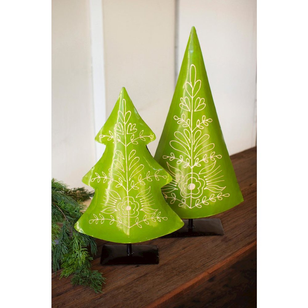 Set Of Two Recycled Painted Metal Folk Christmas Trees. Picture 1
