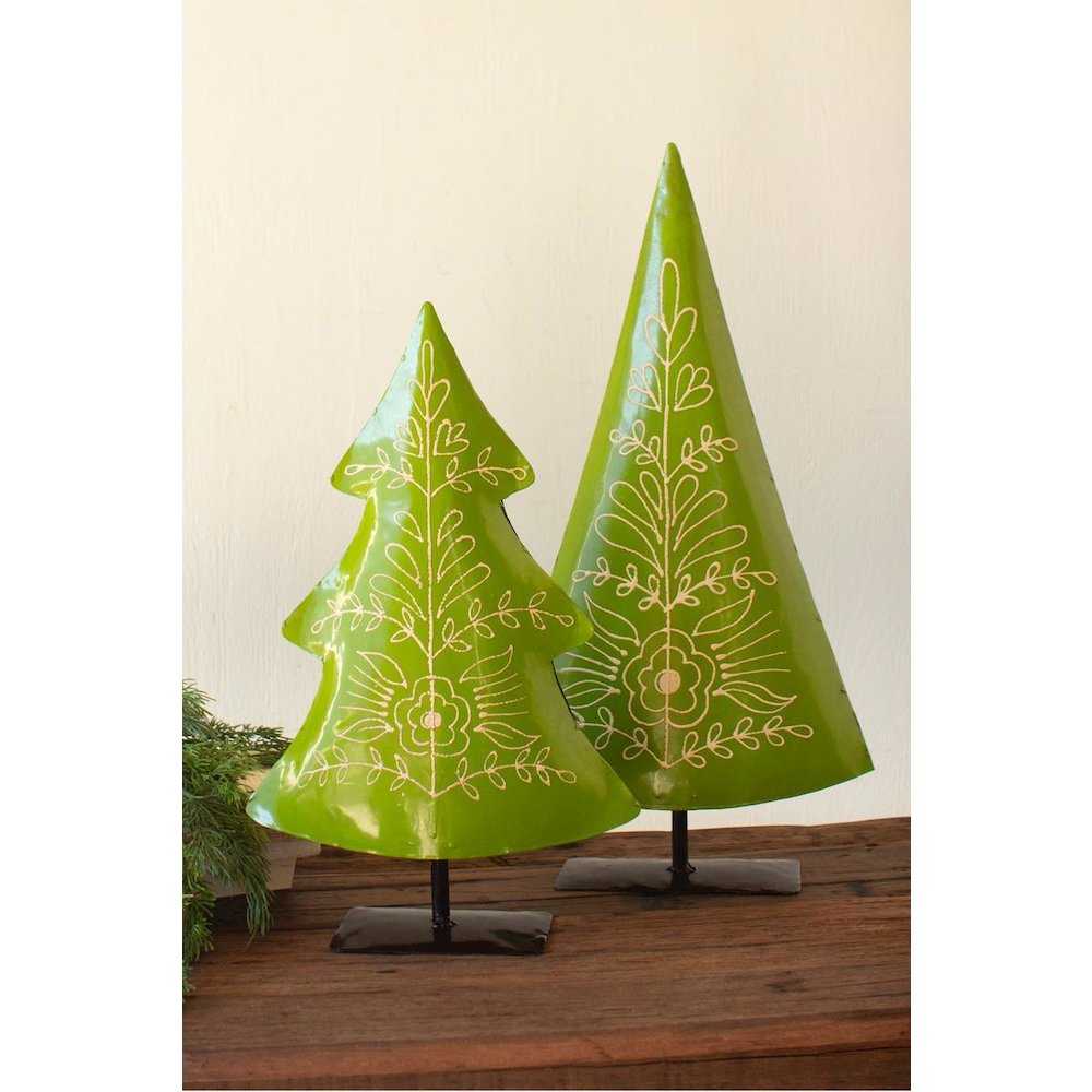 Set Of Two Recycled Painted Metal Folk Christmas Trees. Picture 2