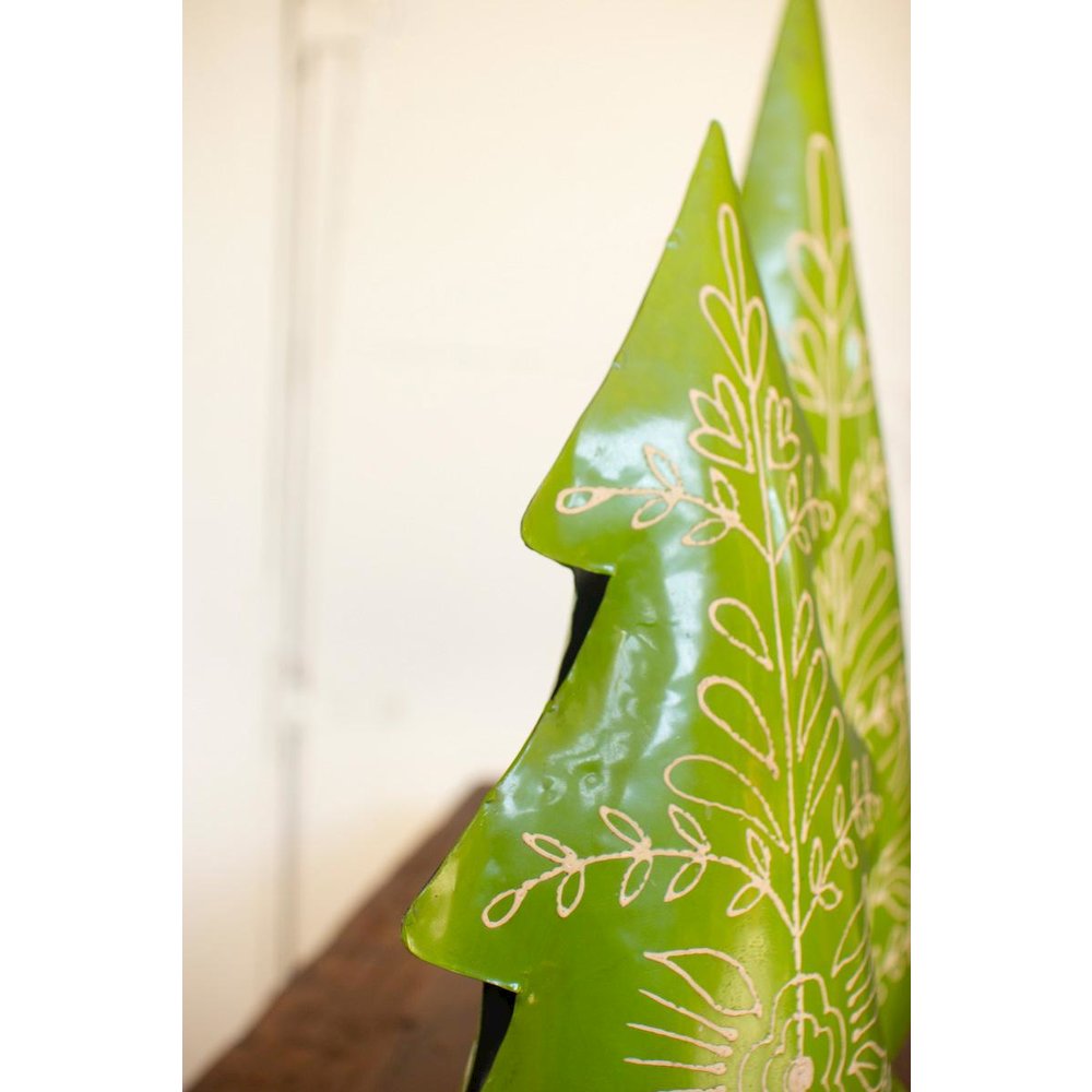 Set Of Two Recycled Painted Metal Folk Christmas Trees. Picture 5