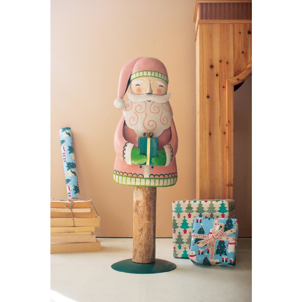 Painted Metal Santa On Wood Base. Picture 1