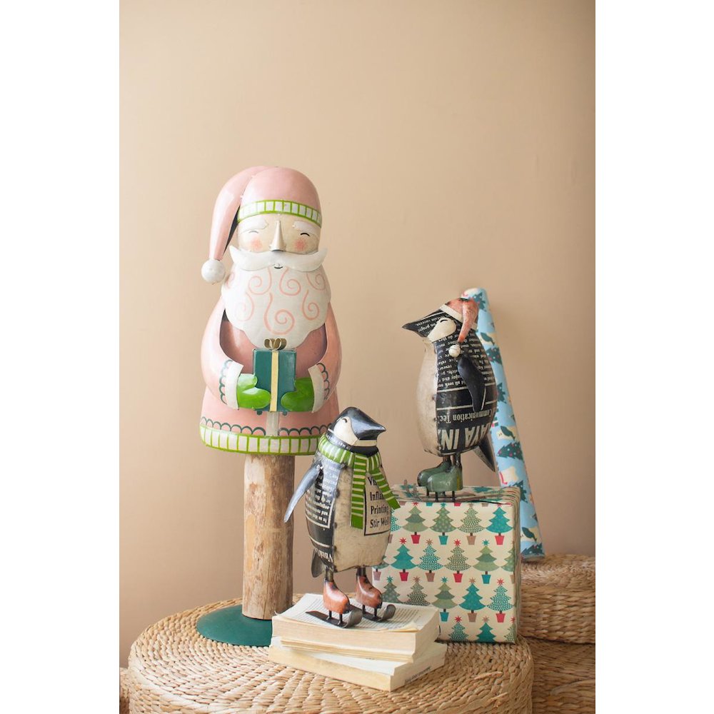 Painted Metal Santa On Wood Base. Picture 2