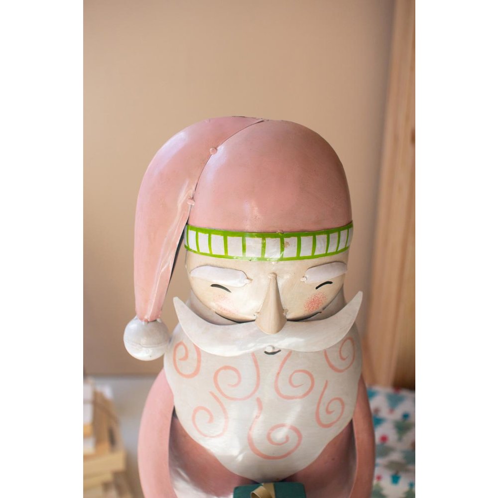 Painted Metal Santa On Wood Base. Picture 4