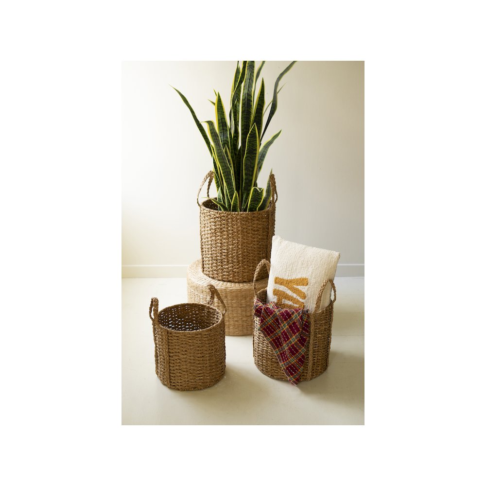 Set Of 3 Round Braided Seagrass Storage Baskets W Handles. Picture 2