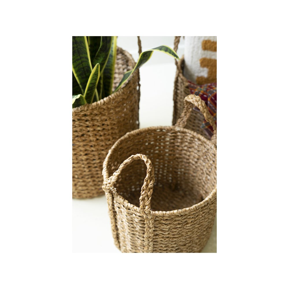 Set Of 3 Round Braided Seagrass Storage Baskets W Handles. Picture 1