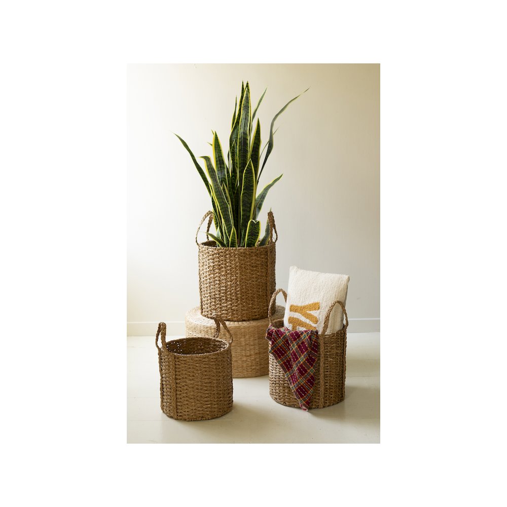 Set Of 3 Round Braided Seagrass Storage Baskets W Handles. Picture 4