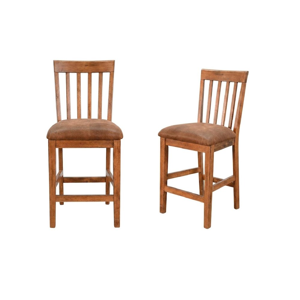 Light Brown Slatback Barstool Set with Cushioned Seats and Rustic Style. Picture 1