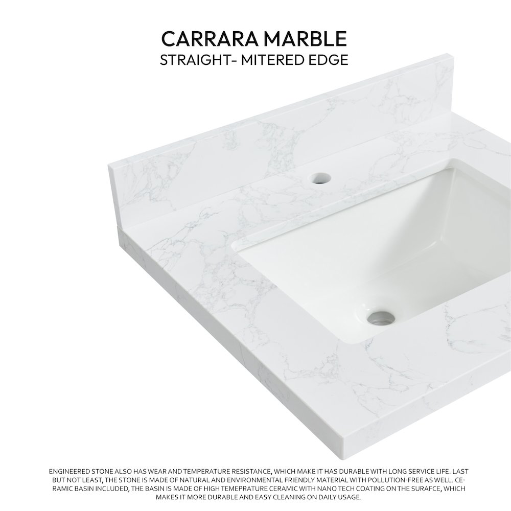 Composite Stone Vanity Top in Grain White with White Rectangular Single Sink. Picture 2