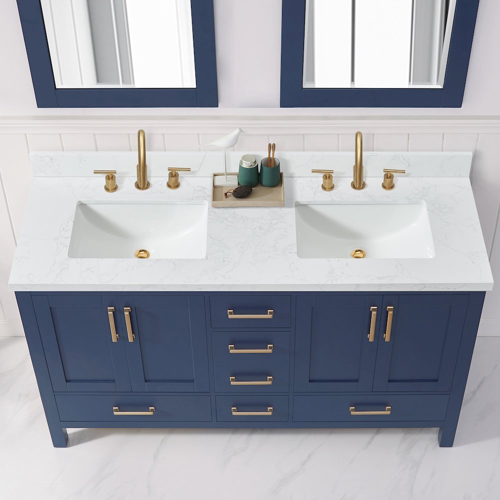 Composite Stone Vanity Top in Grain White with White Rectangular Double Sink. Picture 3