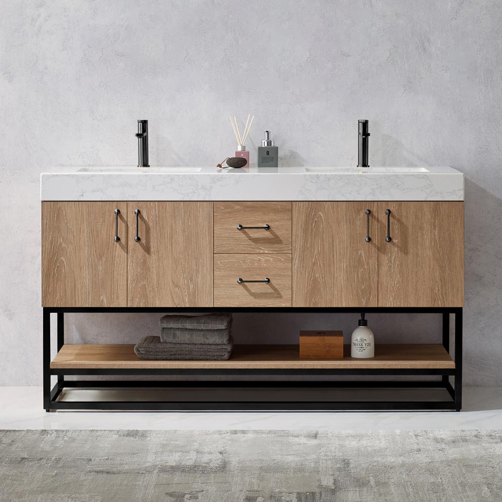 60B" Double Vanity with White Grain Stone Countertop Without Mirror. Picture 10
