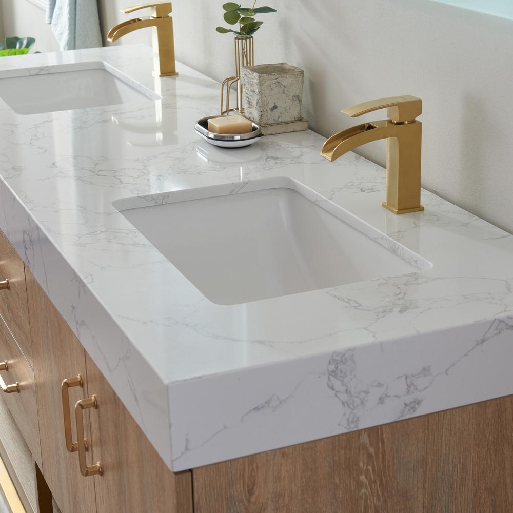 72" Double Vanity with White Grain Stone Countertop Without Mirror. Picture 6