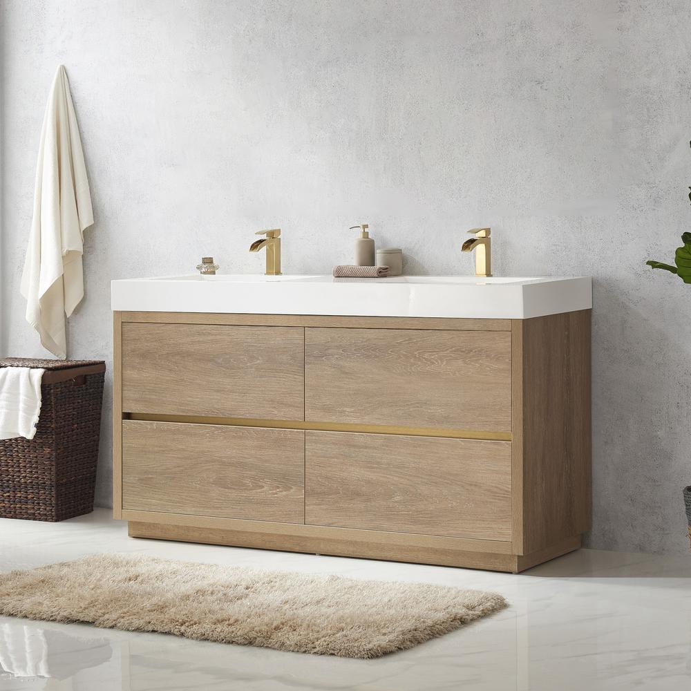 Double Sink Bath Vanity with White Composite Integral Square Sink Top. Picture 6