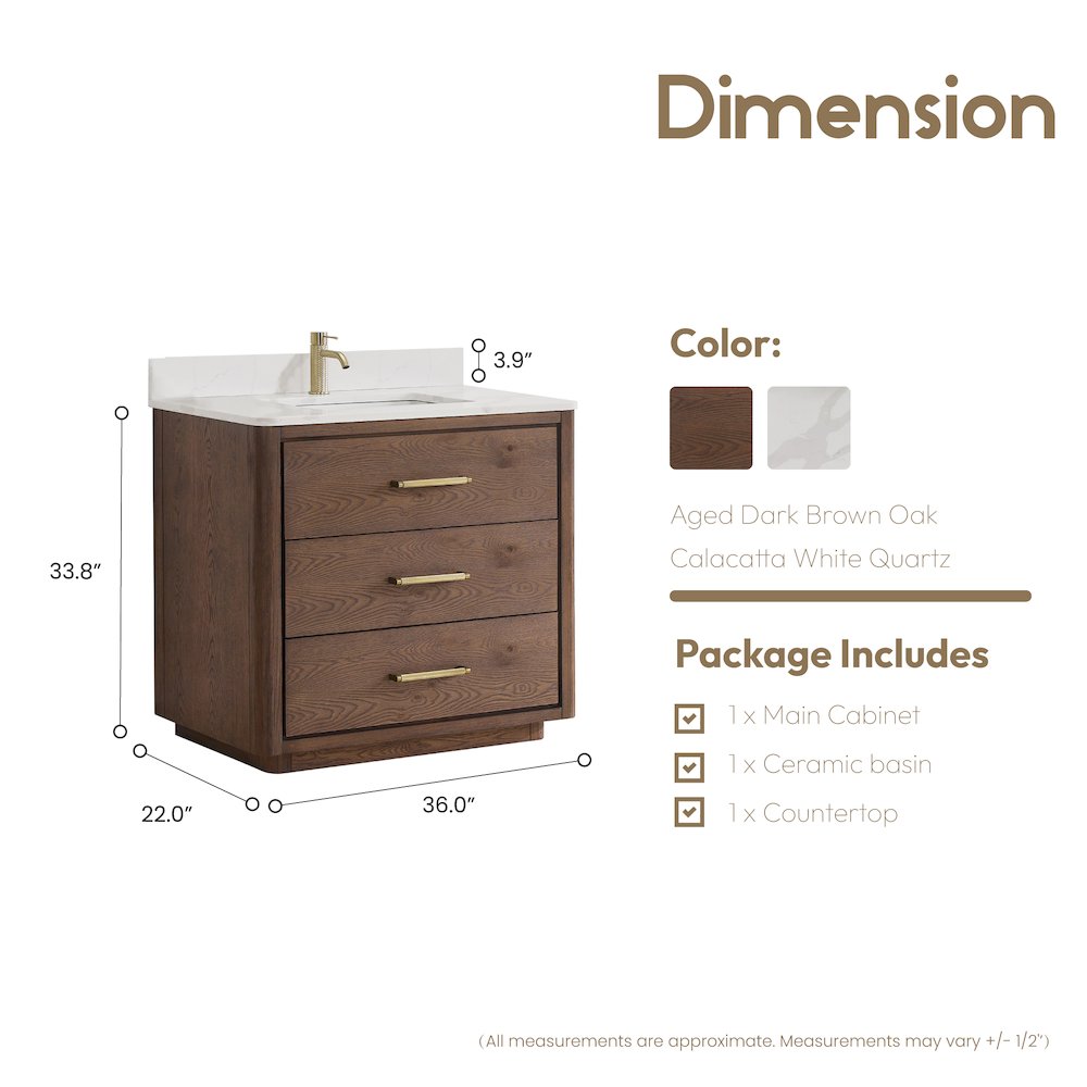 Porto 36" Free-standing Single Bath Vanity in Aged Dark Brown Oak. Picture 14