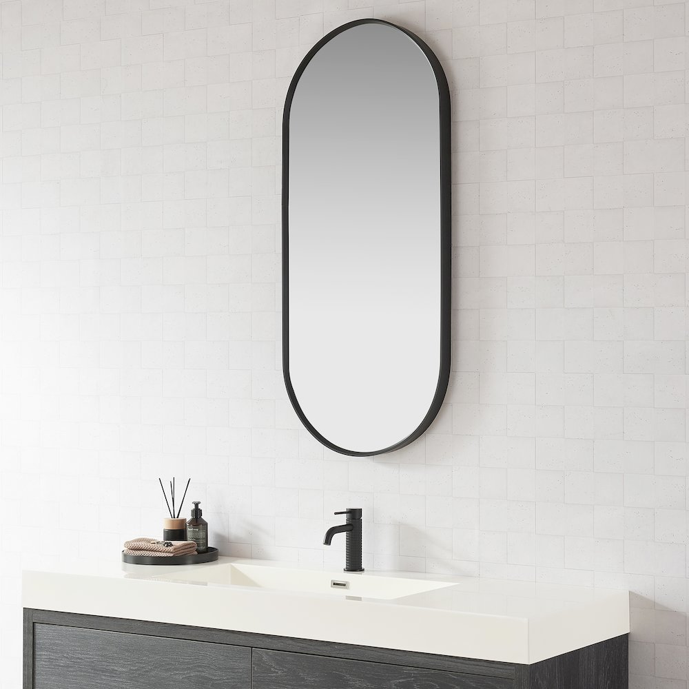 Oval Aluminum Framed Wall Mount Bathroom Vanity Mirror in Brushed Black. Picture 3