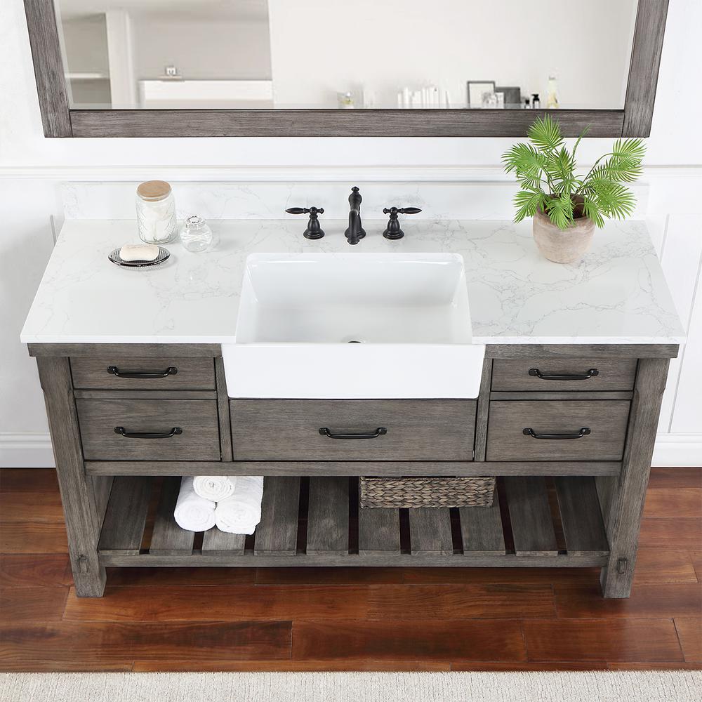 Single Bath Vanity with Composite Stone Top, White Farmhouse Basin and Mirror. Picture 7